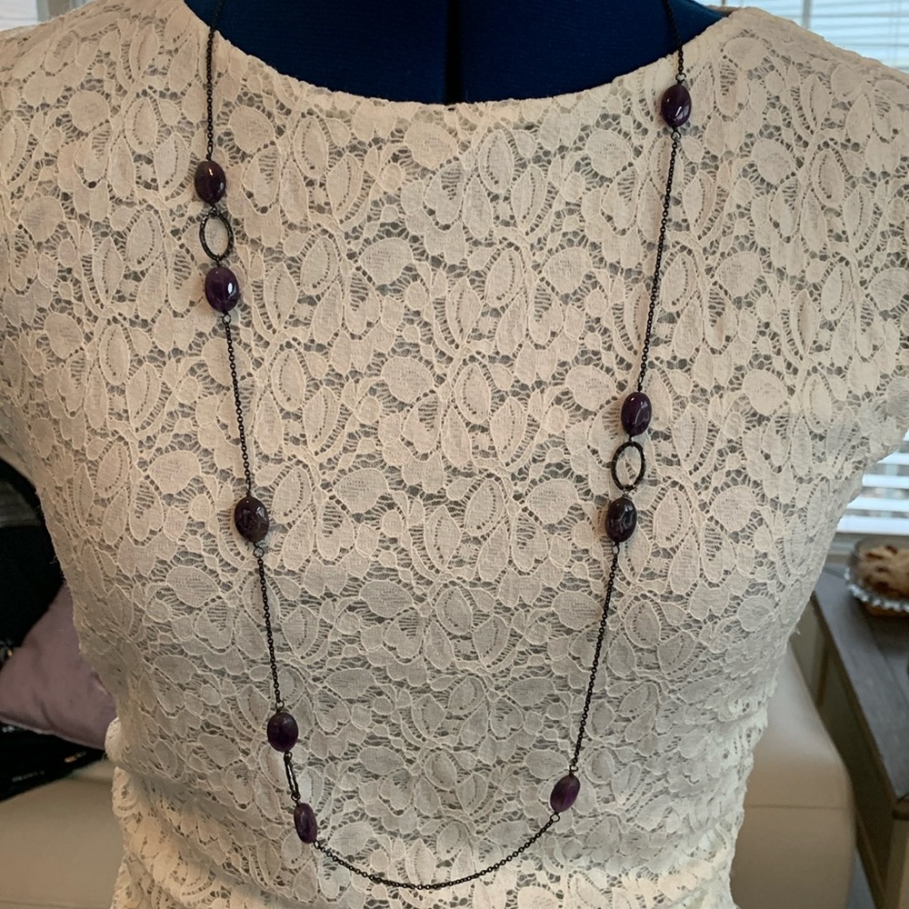 Amethyst and blackened silver necklace with hook and loop closure, 18” drop.